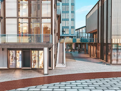 Modern Urban Commercial Street With Glass Facades And Pedestrian Walkway Shop Windows And Connecting Corridors 3d model
