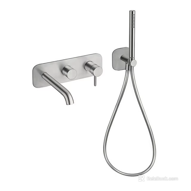 Stainless Steel Wall Mounted Modern Bathroom Faucet With Double Handles And Handheld Shower 3d model 