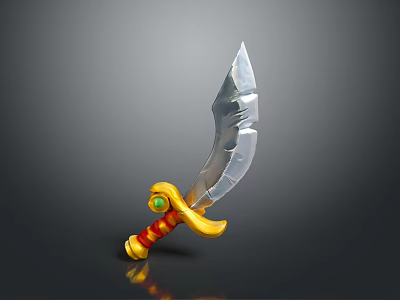 Fantasy Decorative Sword With Silver Serrated Blade And Yellow Handle Red Accents Green Gemstone 3d model