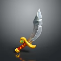 Fantasy Decorative Sword With Silver Serrated Blade And Yellow Handle Red Accents Green Gemstone