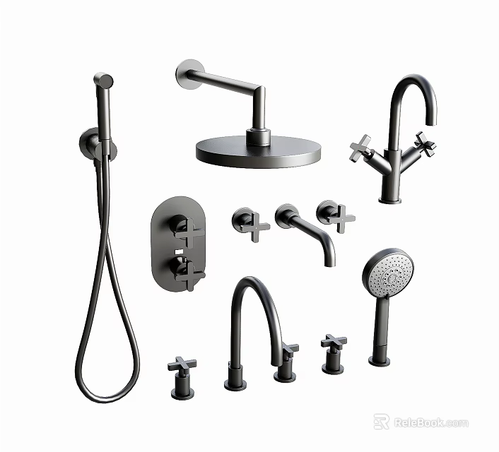 Black Modern Shower Head And Bathroom Fixtures With Handheld And Rain Options 3d model 
