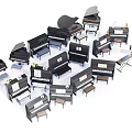 Assorted Musical Instruments and Art Supplies Featuring Various Pianos Grand Upright and Electronic Keyboards