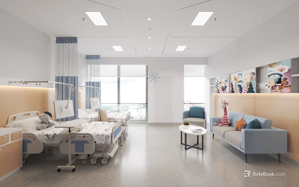 Modern Hospital Outpatient Ward Interior With Medical Beds Sofa And Large Windows 3d model 