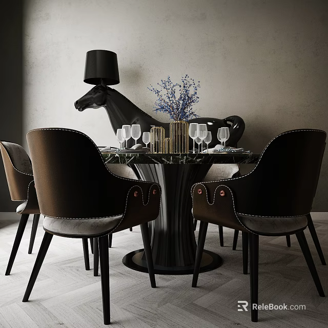 Round Dining Table With Dark Velvet Chairs Purple Flowers Wine Glasses And Black Horse Statue 3d model 