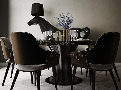 Round Dining Table With Dark Velvet Chairs Purple Flowers Wine Glasses And Black Horse Statue 3d model
