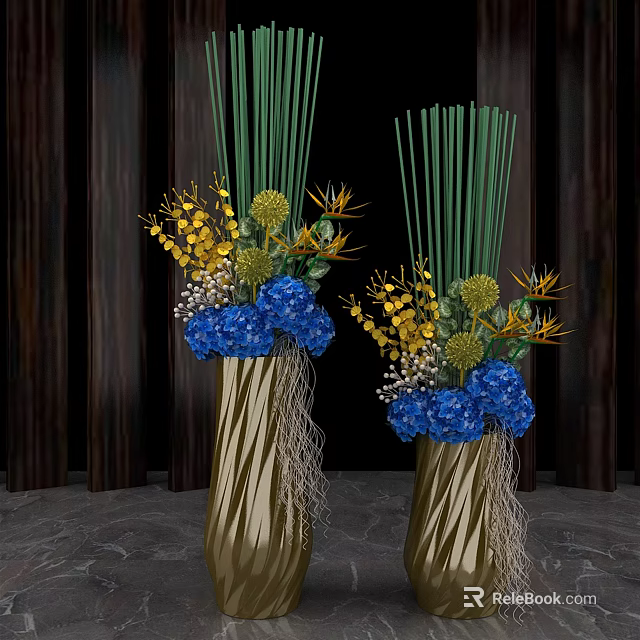 Two Golden Vases With Blue And Yellow Flowers On Dark Wooden Background 3d model 