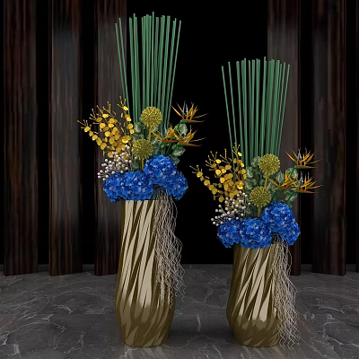 Two Golden Vases With Blue And Yellow Flowers On Dark Wooden Background 3d model