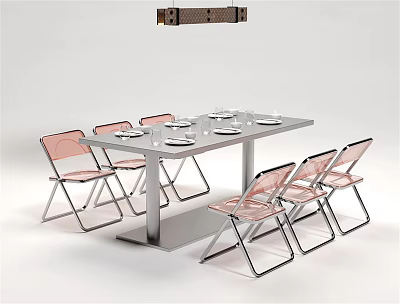 Modern Dining Table Set with Pink Transparent Metal Framed Chairs Rectangular Top Silver Metal Legs Tableware 3d model