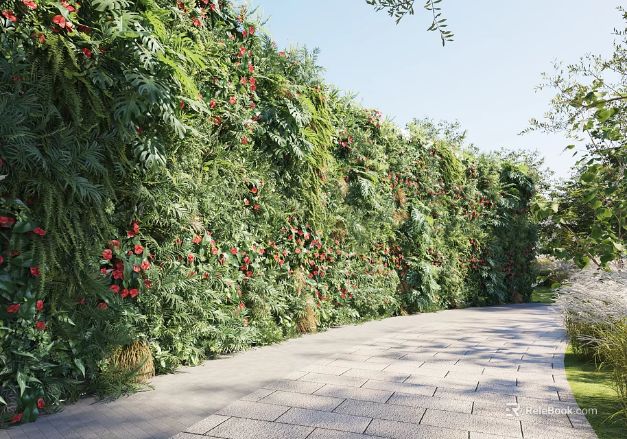 Outdoor Greenery Wall Along Pathway With Lush Plants And Red Blooms 3d model 
