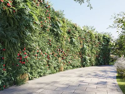 Outdoor Greenery Wall Along Pathway With Lush Plants And Red Blooms 3d model
