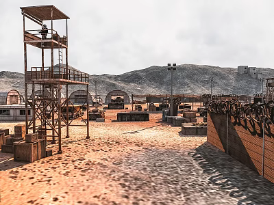 Military Base Scene With Watchtower And Barbed Wire 3d model
