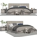 Beige Upholstered Double Bed with Gray Blue Bedding Nightstands and Teddy Bear