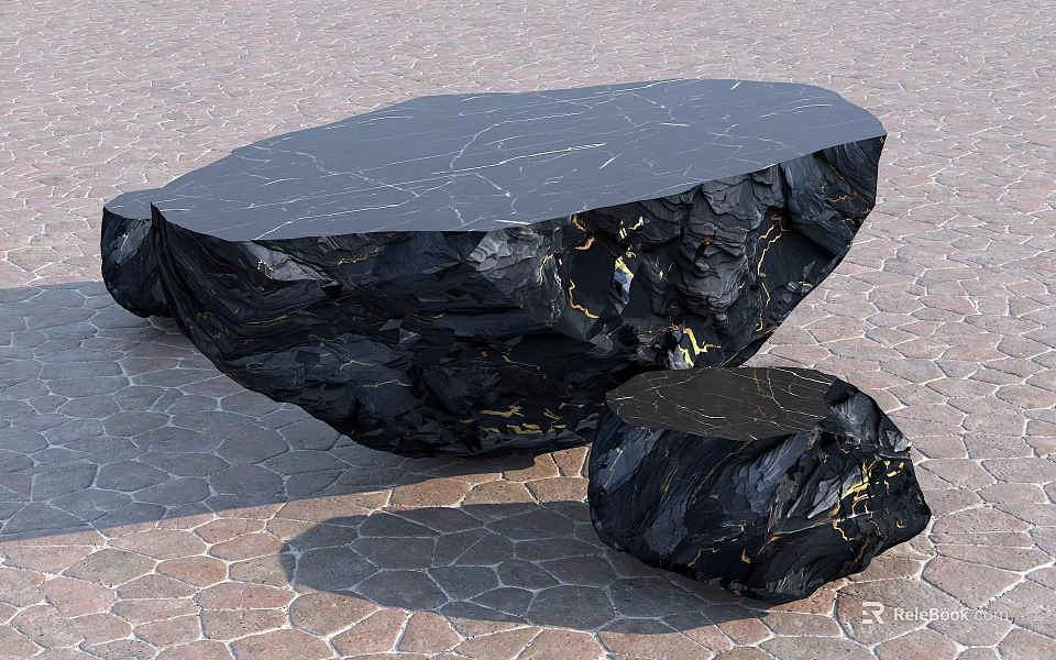 Black Coffee Table with Rock Texture Gold Veins and Natural Modern Design Matching Small Stool 3d model 