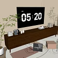 Brown TV stand with drawers TV books plants on a rug and minimalist decorations