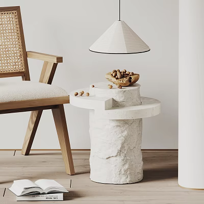 Textured White Stone Side Table with Rattan Chair Bowl of Nuts and Table Lamp 3d model