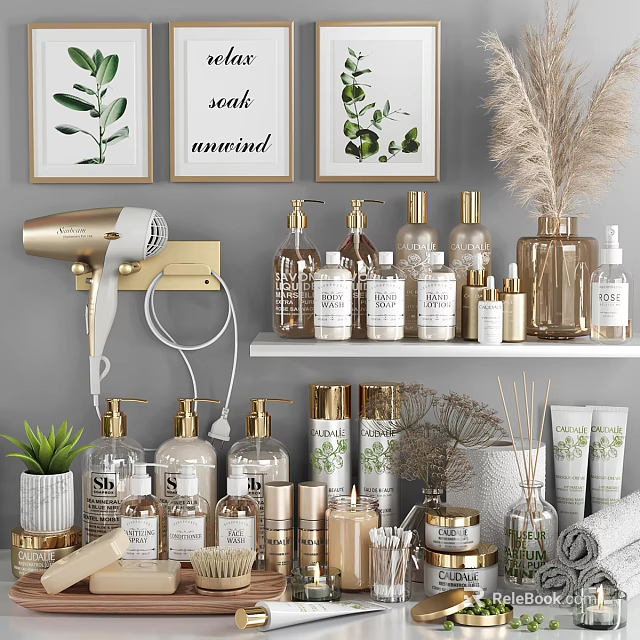 Modern Bathroom Accessories On Shelves With Hair Dryer And Decor 3d model 