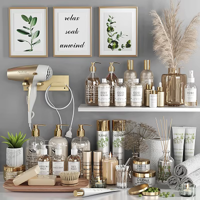 Modern Bathroom Accessories On Shelves With Hair Dryer And Decor 3d model