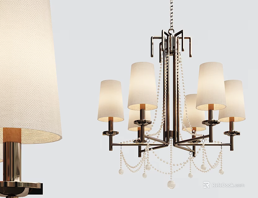 Elegant Modern Chandelier with White Shades Metal Frame and Hanging Pearl Decorations 3d model 