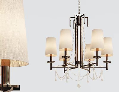 Elegant Modern Chandelier with White Shades Metal Frame and Hanging Pearl Decorations 3d model
