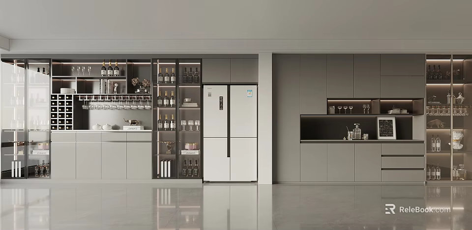 Modern Kitchen Interior Featuring Stylish Wine Cabinet With Glass Door And Wine Storage 3d model 