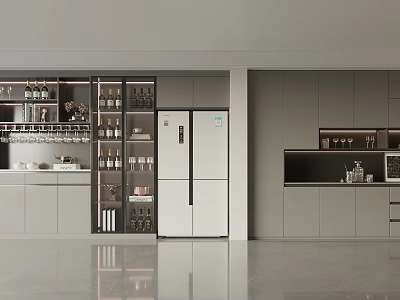 Modern Kitchen Interior Featuring Stylish Wine Cabinet With Glass Door And Wine Storage 3d model