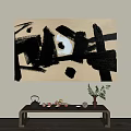 Large Abstract Painting With Bold Black Brushstrokes And Beige Background In Minimalist Interior