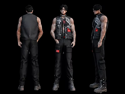 Tattooed Man In Black Vest And Cargo Pants Viewed From Multiple Angles 3d model