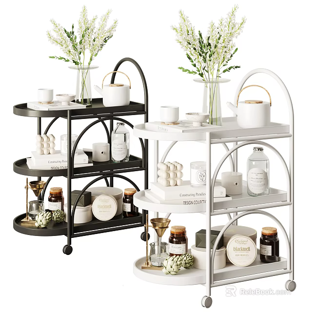Black And White Mobile Bathroom Cabinet Rack With Three Tiers Storage And Toiletries Decorations 3d model 