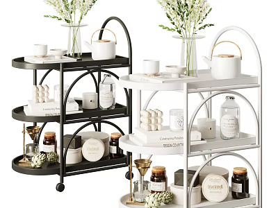 Black And White Mobile Bathroom Cabinet Rack With Three Tiers Storage And Toiletries Decorations 3d model