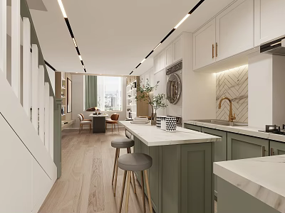 Modern Apartment Kitchen With Green Cabinets White Countertops Island Bar Stools Hanging Lights And Plants 3d model