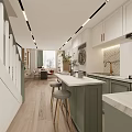 Modern Apartment Kitchen With Green Cabinets White Countertops Island Bar Stools Hanging Lights And Plants