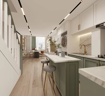 Modern Apartment Kitchen With Green Cabinets White Countertops Island Bar Stools Hanging Lights And Plants 3d model