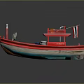 Red Water Transport Boat With Bucket Hose and Flag on Upper Deck