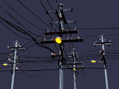 Roadside Facilities Featuring Utility Poles Overhead Wires And Street Lamps With Illuminated Yellow Lights 3d model
