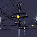 Roadside Facilities Featuring Utility Poles Overhead Wires And Street Lamps With Illuminated Yellow Lights