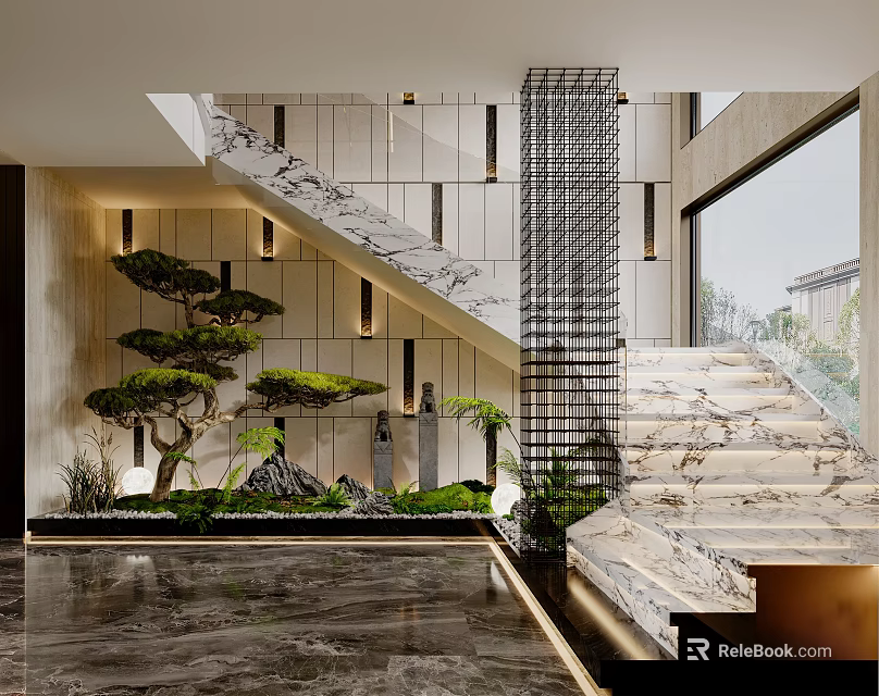Modern Luxury Interior Hall With Marble Staircase Bonsai Pine And Elegant Lighting Design 3d model 