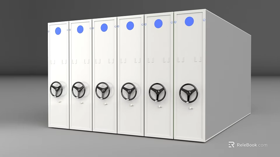 Industrial Equipment White Storage Cabinets With Black Circular Handles And Blue Buttons 3d model 
