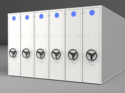 Industrial Equipment White Storage Cabinets With Black Circular Handles And Blue Buttons 3d model