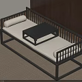 Modern Daybed With Black Frame White Cushion Small Coffee Table Wooden Wall And Beige Carpet