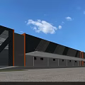 Modern Industrial Factory Building With Gray Orange Metal Panels Sloped Roof And Roll Up Doors