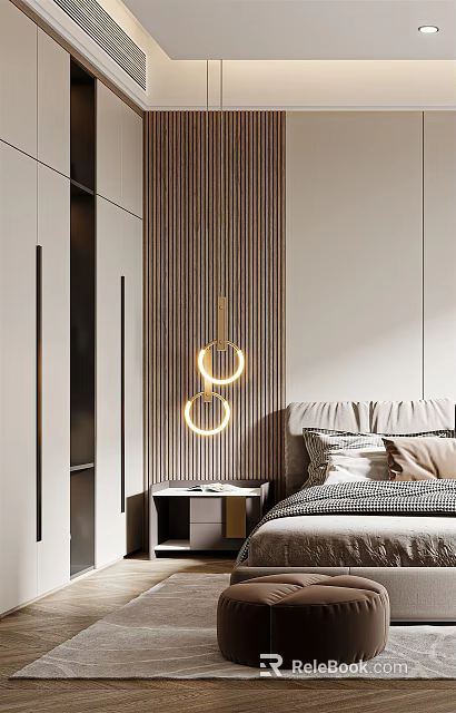 Modern Elegant Bedroom Interior With Circular Ring Pendant Lights Striped Accent Wall And White Cabinets 3d model 