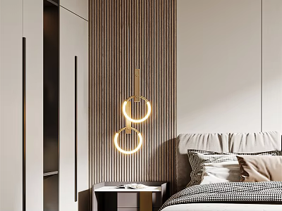 Modern Elegant Bedroom Interior With Circular Ring Pendant Lights Striped Accent Wall And White Cabinets 3d model