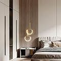 Modern Elegant Bedroom Interior With Circular Ring Pendant Lights Striped Accent Wall And White Cabinets