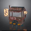 Octopus Ball Street Food Stall With Wooden Structure Red Signboard Lanterns Orange Stools And Blue Wheels