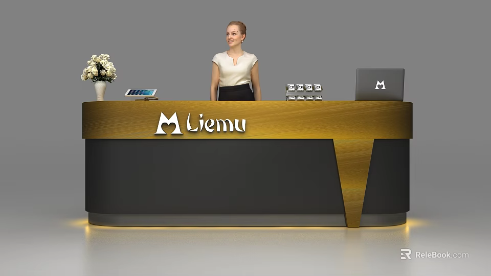 Modern Gold Black Reception Desk With Liemu Logo Woman Flower Vase Tablet And Laptop 3d model 