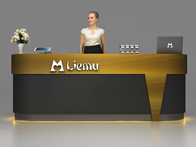Modern Gold Black Reception Desk With Liemu Logo Woman Flower Vase Tablet And Laptop 3d model