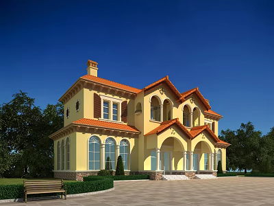 Elegant Yellow Twin Villa Exterior With Orange Roof Arched Porch And Green Lawn 3d model