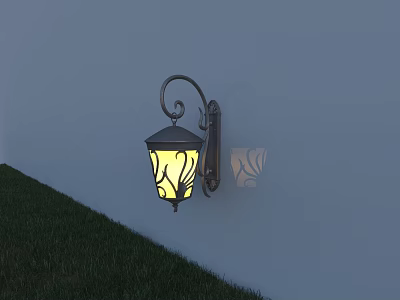 Outdoor Wall Light with Curved Metal Arm and Decorative Glass Illuminating White Wall Beside Green Grass 3d model