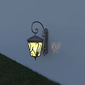 Outdoor Wall Light with Curved Metal Arm and Decorative Glass Illuminating White Wall Beside Green Grass