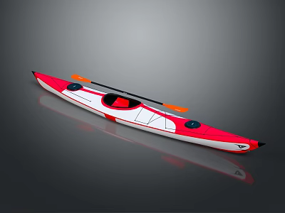 Single Person Red And White Kayak Watercraft With Orange Paddles Streamlined Design 3d model